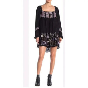 Free People Rhiannon Embroidered Mini Dress Black Size S Boho Peasant Cottage